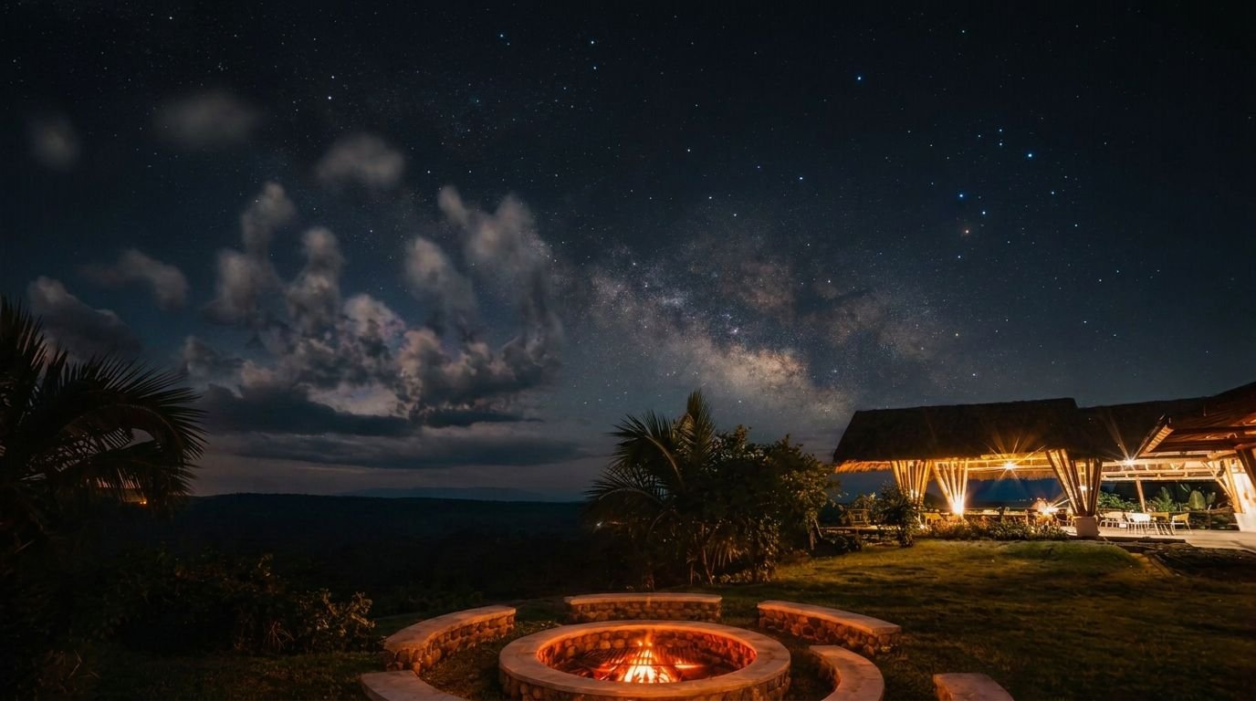 Fogata con bancas de piedra bajo la V&iacute;a L&aacute;ctea, junto al restaurante iluminado