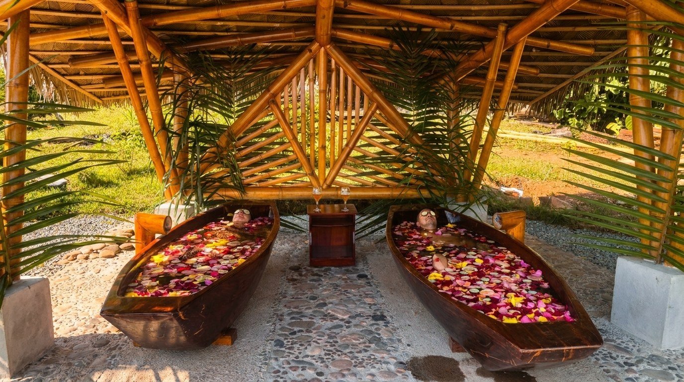 Dos bañeras de madera con pétalos de flores bajo la cubierta de bambú