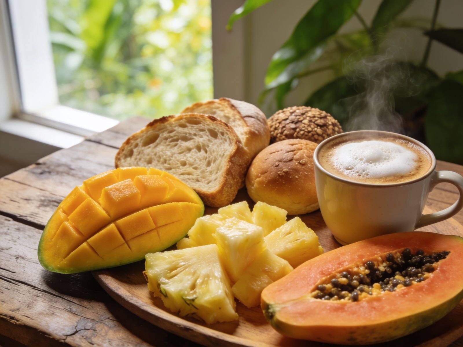 Desayuno de mango, piña y papaya con pan del día y café recién hecho