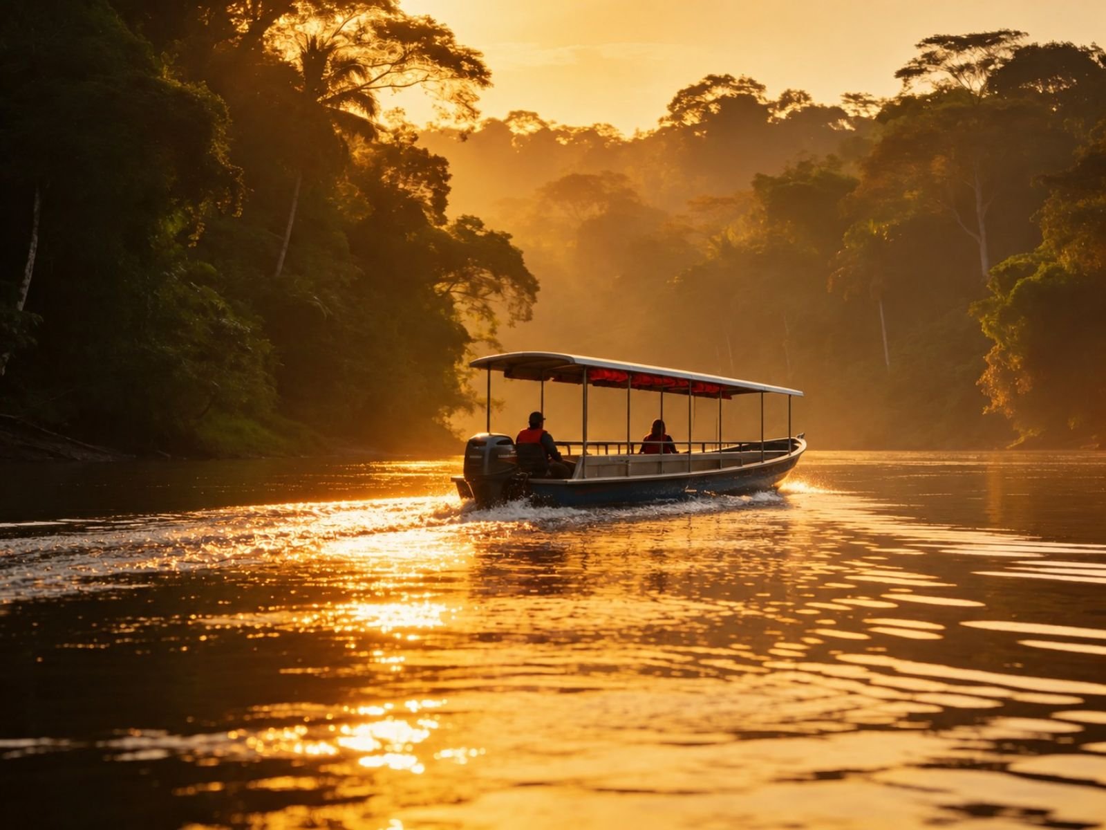 Lancha con huéspedes navegando el río Napo al amanecer, entre la selva dorada