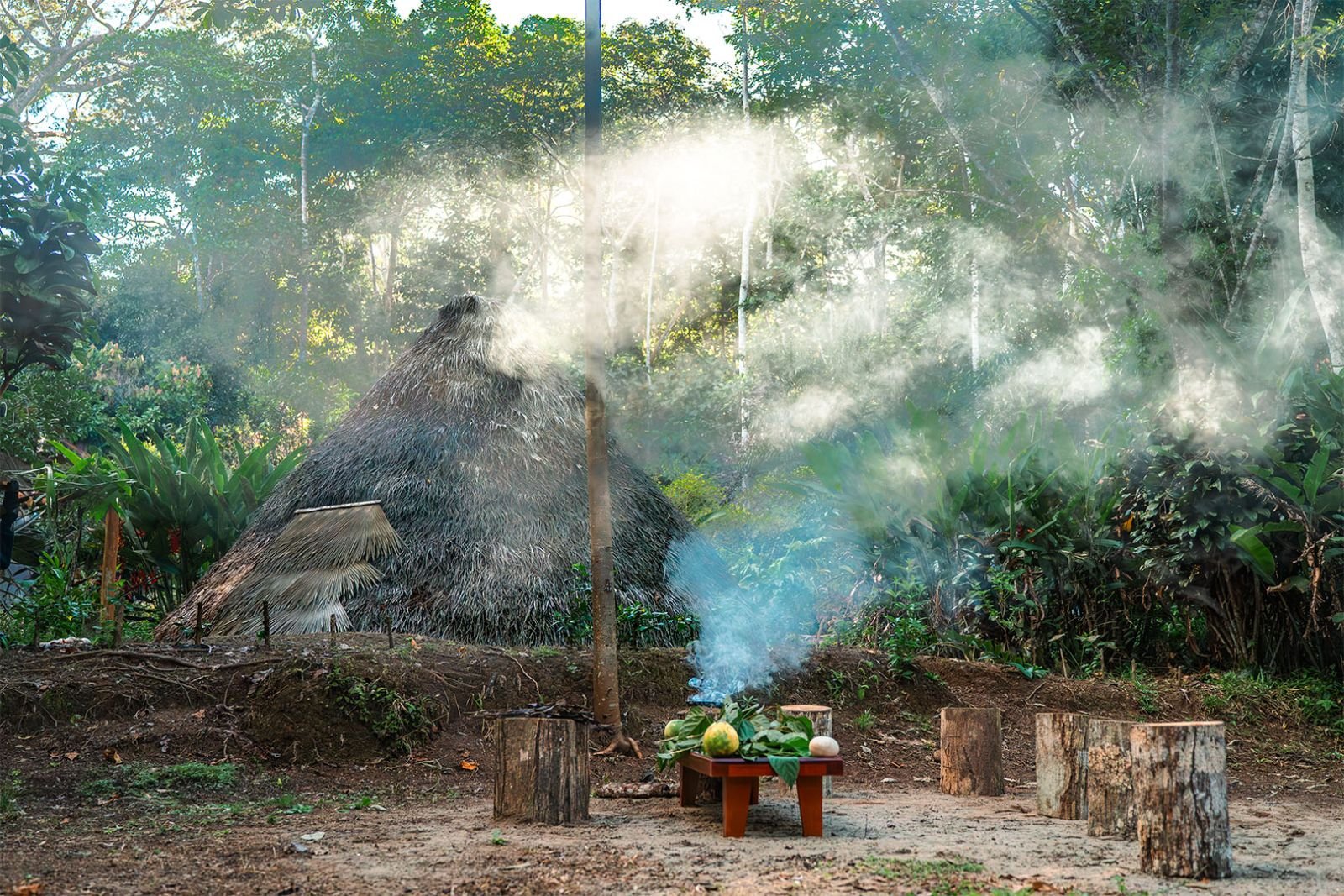 Temascal de paja entre la selva, con humo de hierbas y ofrenda de frutas