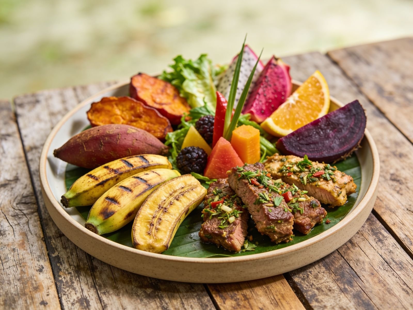 Plato de carne a la parrilla con plátano asado, camote y fruta de la zona