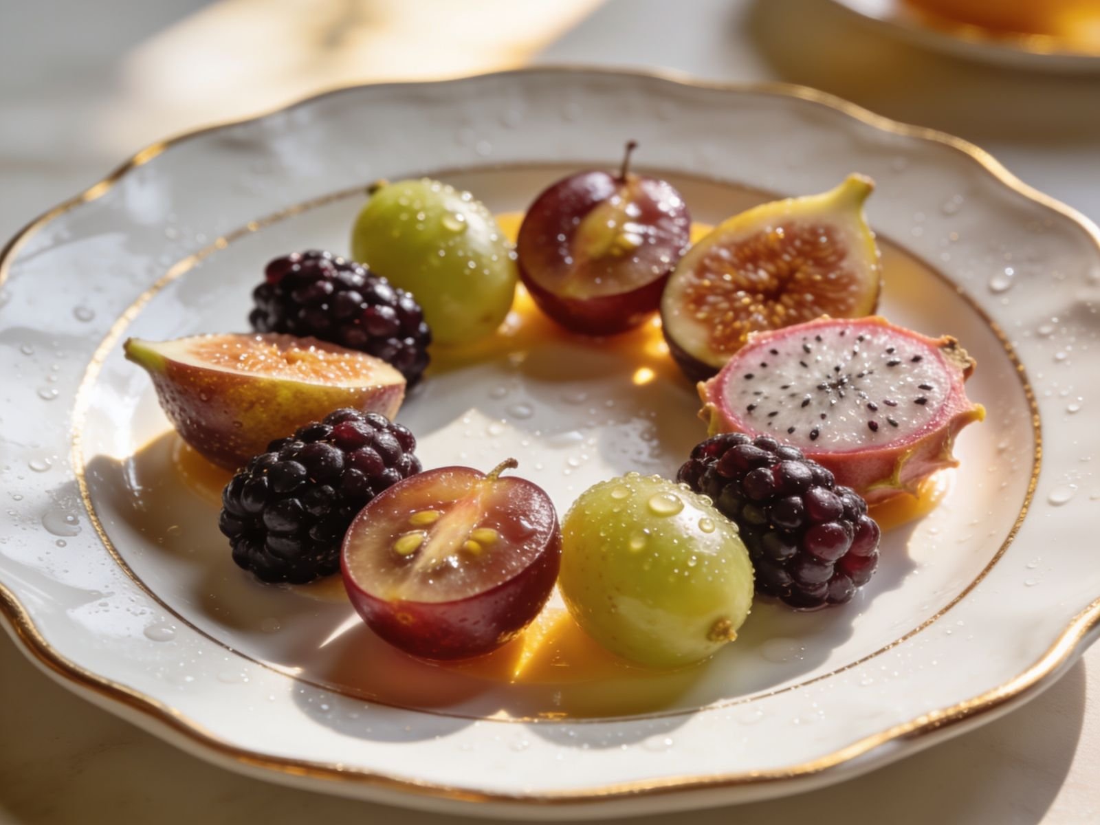 Plato de porcelana con higos, moras, uvas y pitahaya bañados en almíbar